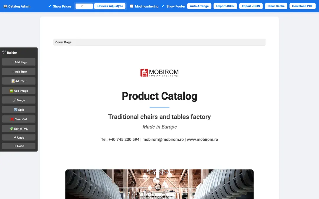 Mobirom editor: page tools on the left, pricing and export controls at the top.